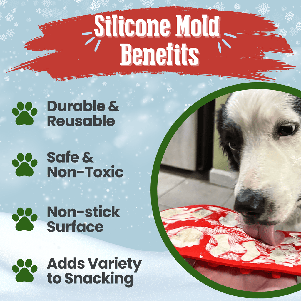 Benefits graphic for the Red Holiday dog treat mold from Farm to Pet, a gift for dogs