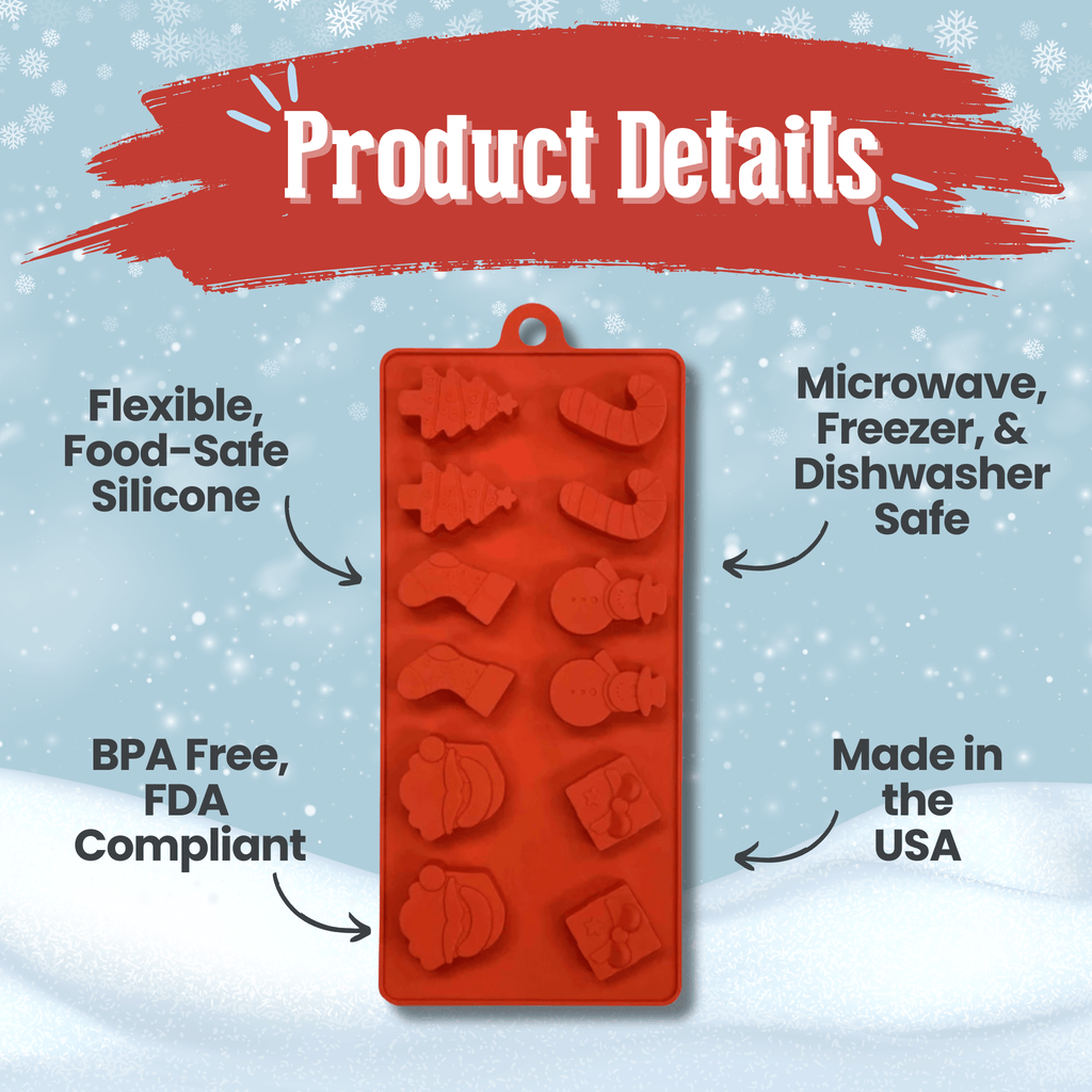 Product details for the Red Holiday silicone mold by SodaPup, 4.25 x 6.75 inches