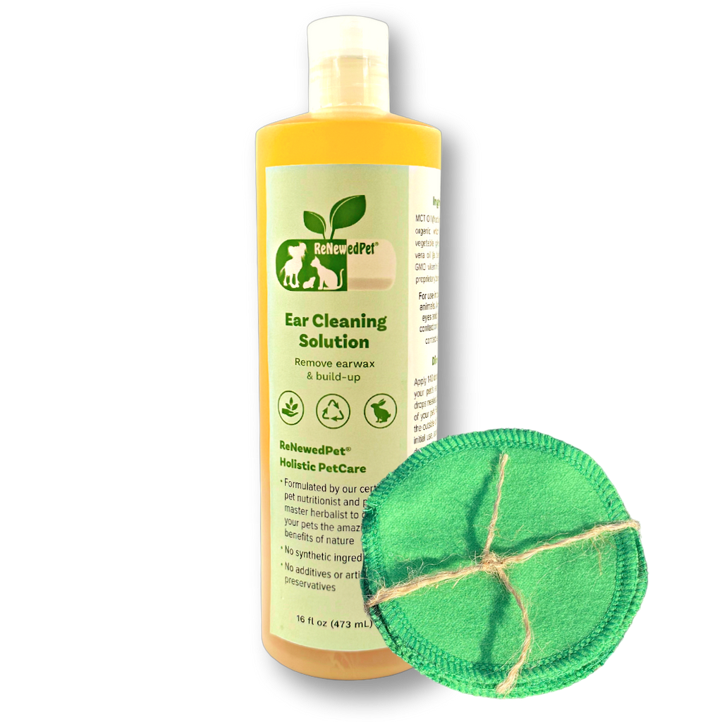 16 oz ReNewedPet ear drops with cotton pads for cleaning the ears after the drops