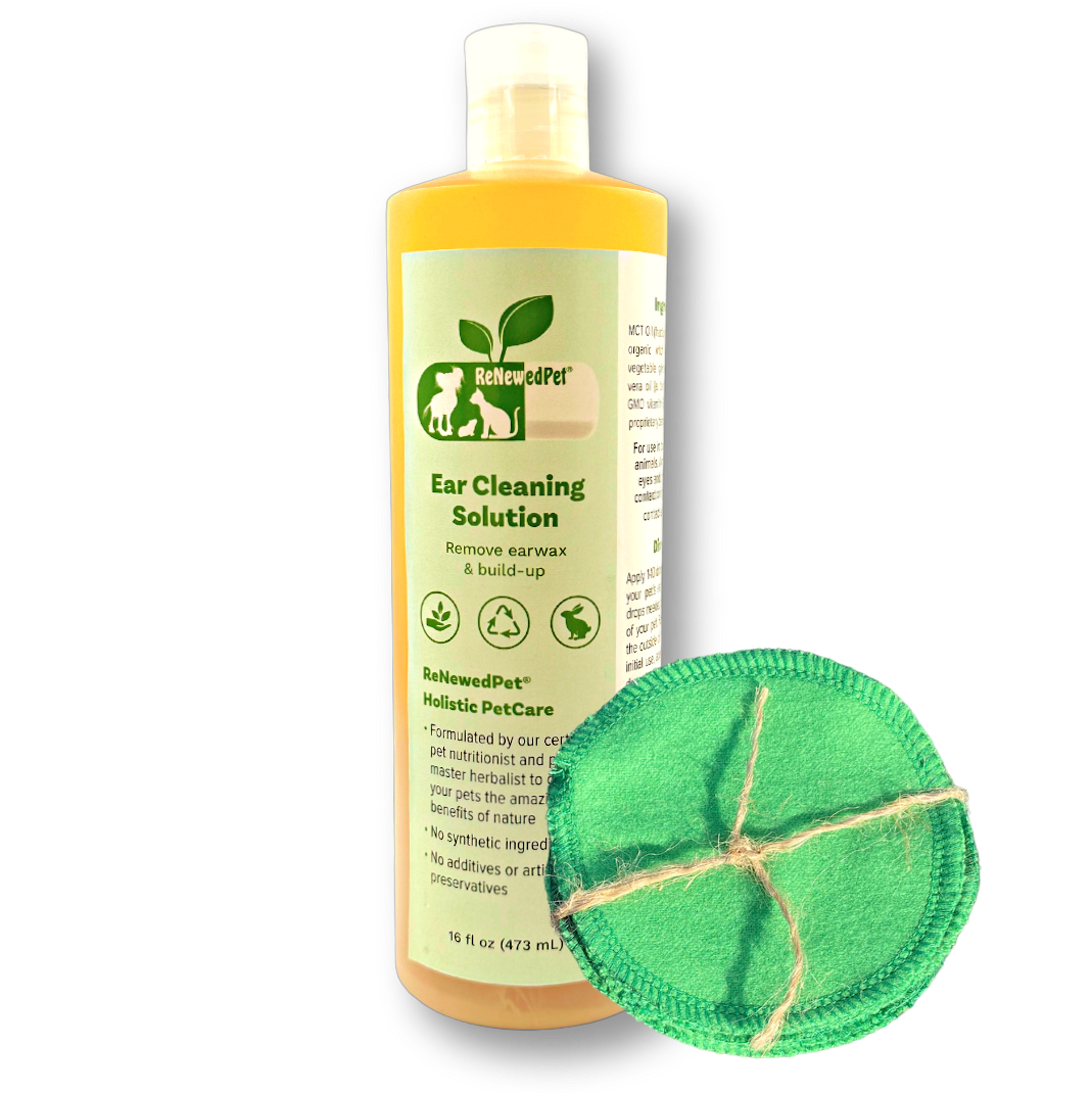16 oz ReNewedPet ear drops with cotton pads for cleaning the ears after the drops