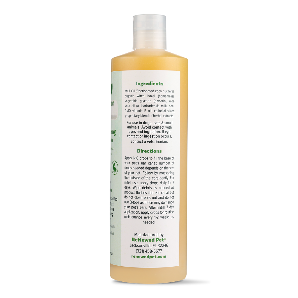 16 oz ReNewedPet ear cleaner that cleans wax build-up and debris from pet ears