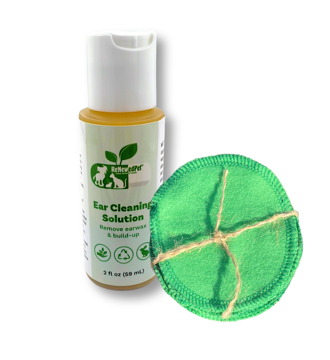 ReNewedPet 2 oz ear cleaning drops sold with cotton pads for wiping away loosened debris