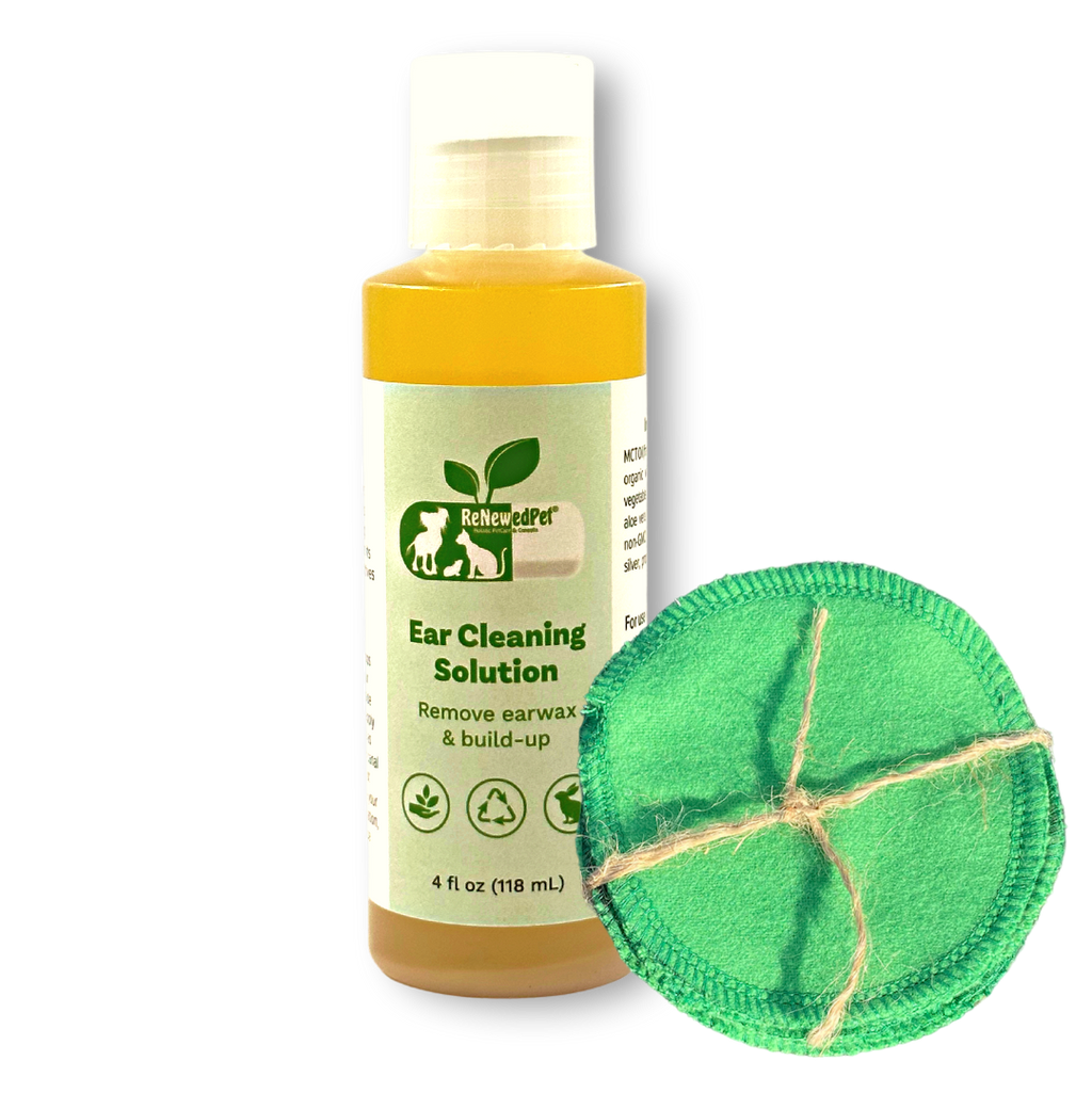 ReNewedPet ear cleaning drops, 4 oz with cotton pads, for dogs and cats with or without fur