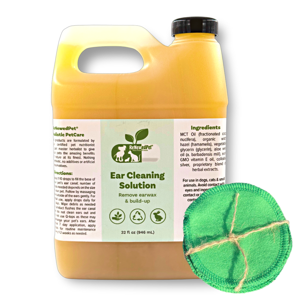 ReNewedPet ear cleaning drops with cotton pads, a witch hazel ear cleaner for dogs and cats