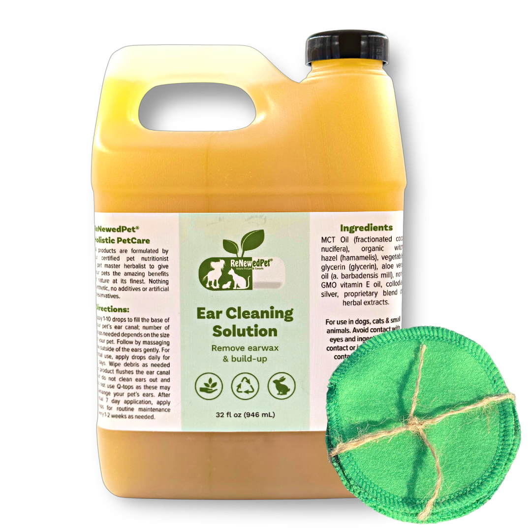 ReNewedPet ear cleaning drops with cotton pads, a witch hazel ear cleaner for dogs and cats