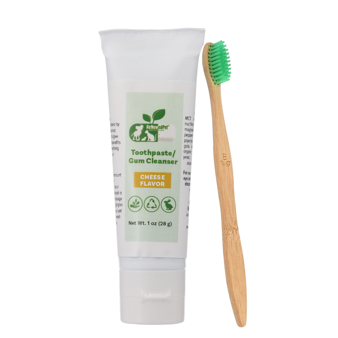 ReNewedPet 1 oz cheese-flavor toothpaste and gum cleanser bundled with a dog toothbrush