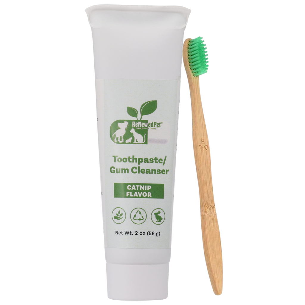 ReNewedPet 2 oz catnip-flavor toothpaste and gum cleanser bundled with a dog toothbrush