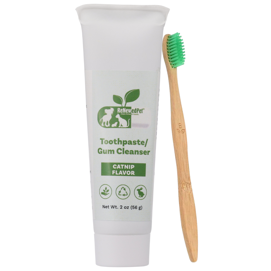 ReNewedPet 2 oz catnip-flavor toothpaste and gum cleanser bundled with a dog toothbrush
