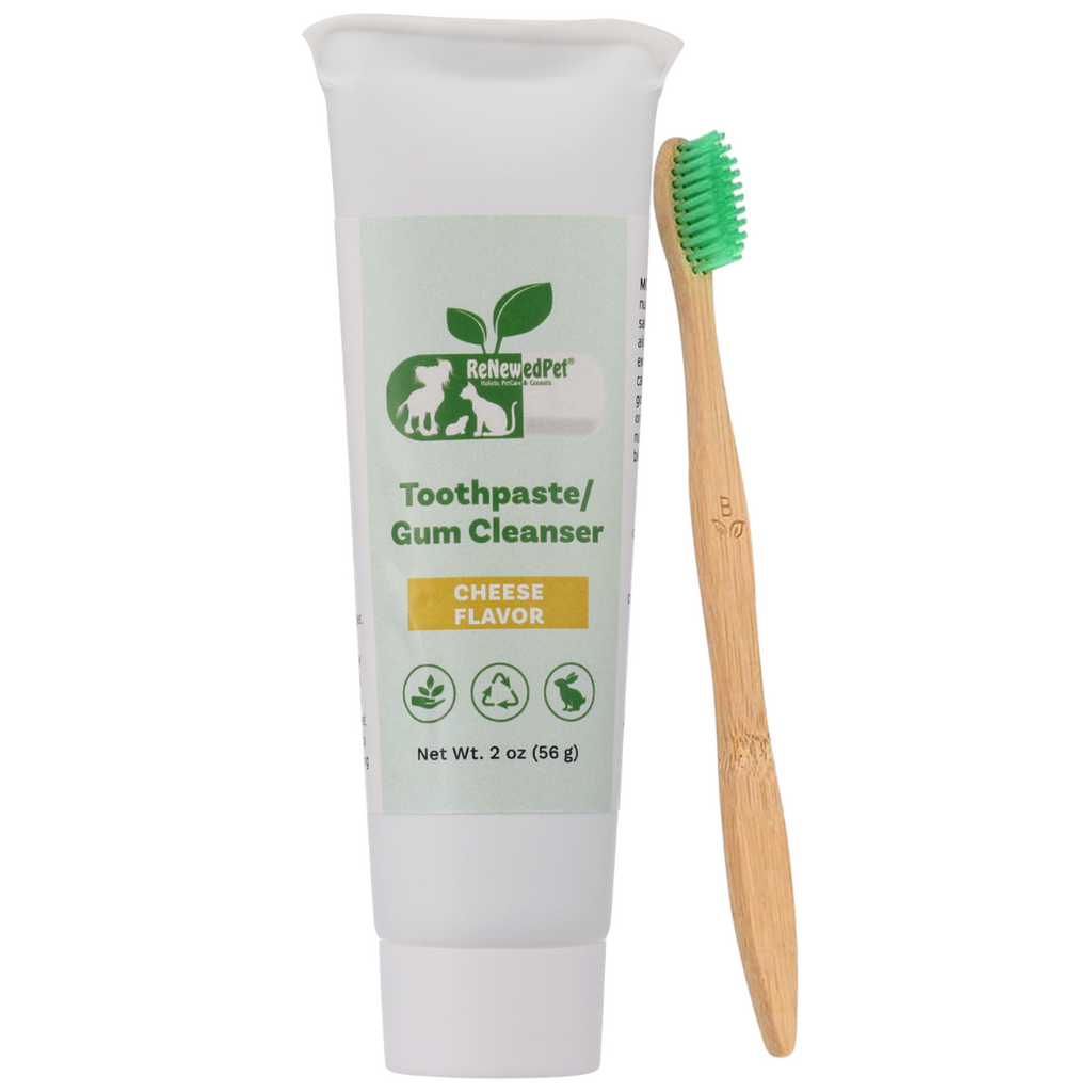 ReNewedPet 2 oz cheese-flavor toothpaste and gum cleanser bundled with a dog toothbrush