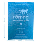Single rōmng bio-based dog poop bag laid flat, 9 x 13 inches