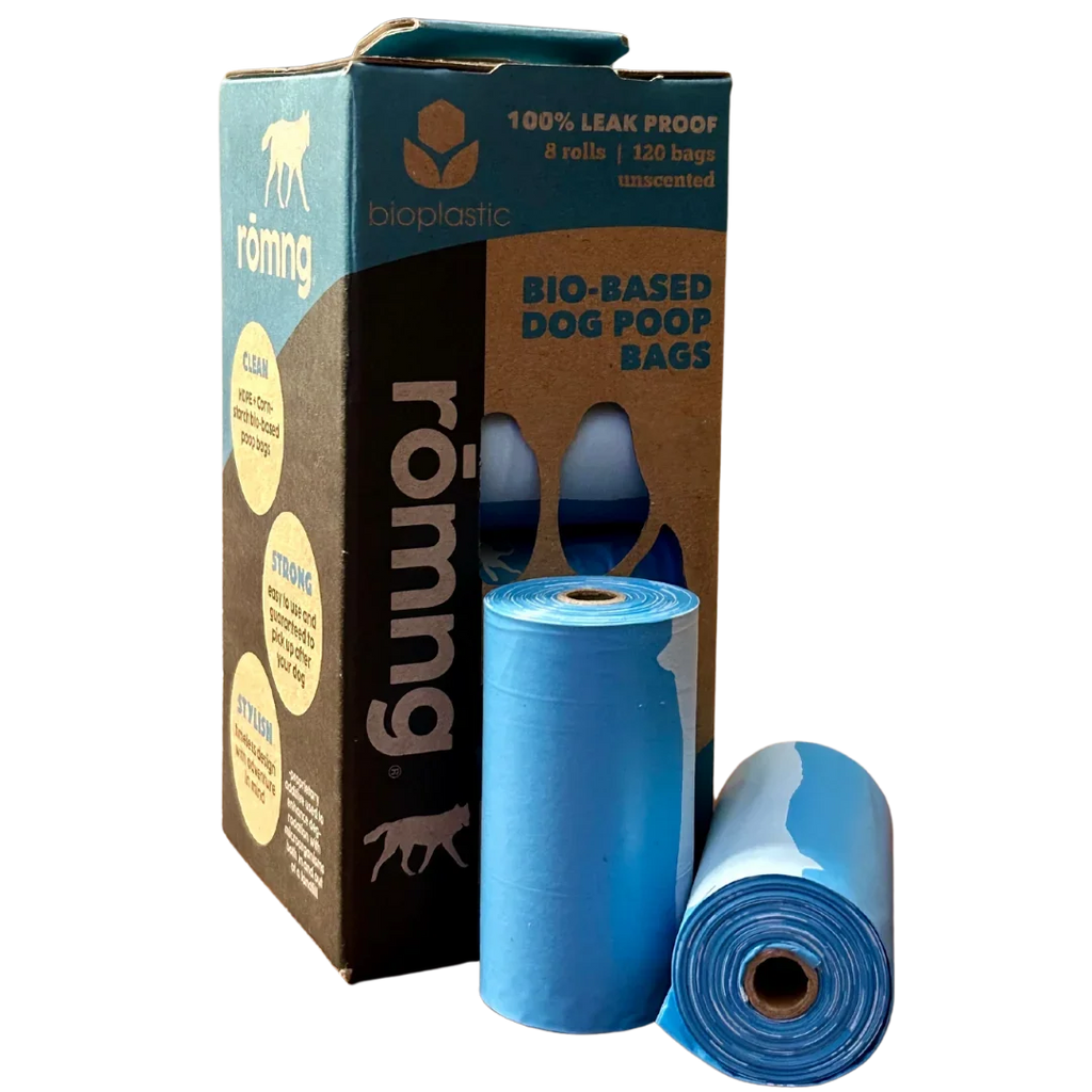 rōmng bio-based dog poop bags, 120-count pack of 8 rolls with 15 bags per roll