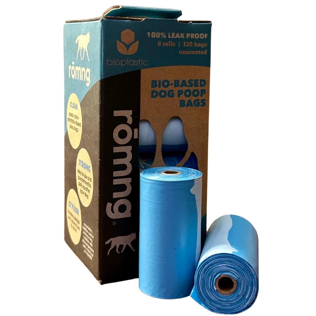 rōmng bio-based dog poop bags, 120-count pack of 8 rolls with 15 bags per roll