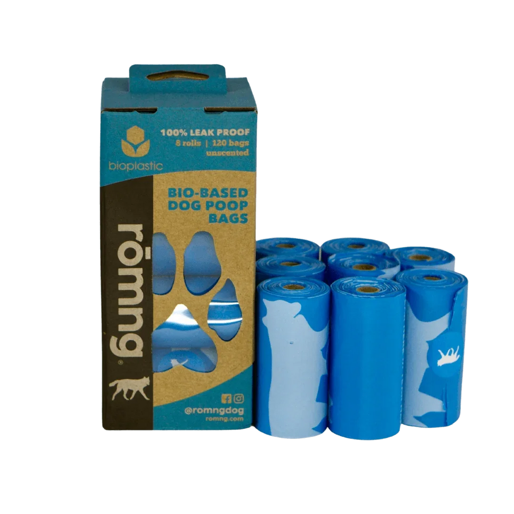 240-count pack of rōmng bio-based dog poop bags, 16 rolls of 15 bags