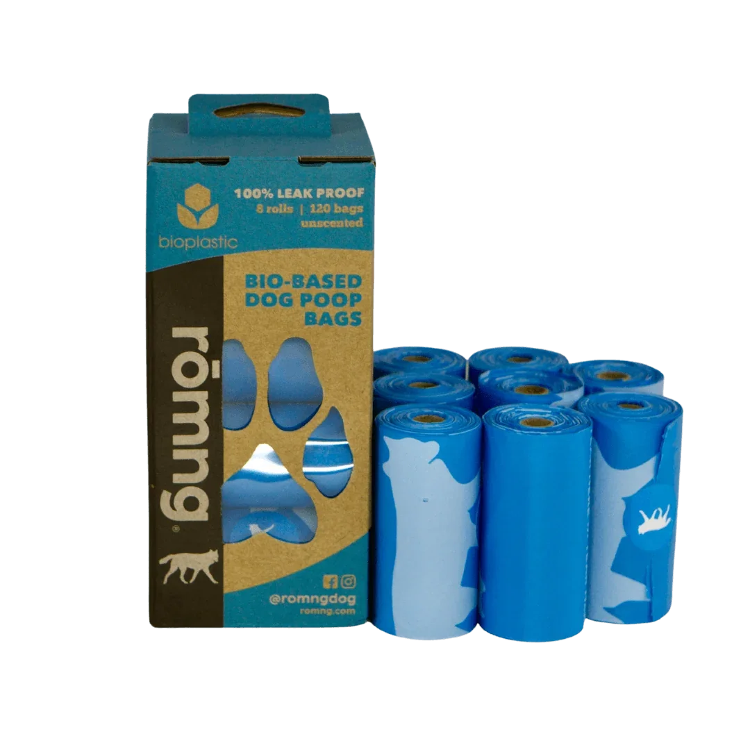 240-count pack of rōmng bio-based dog poop bags, 16 rolls of 15 bags