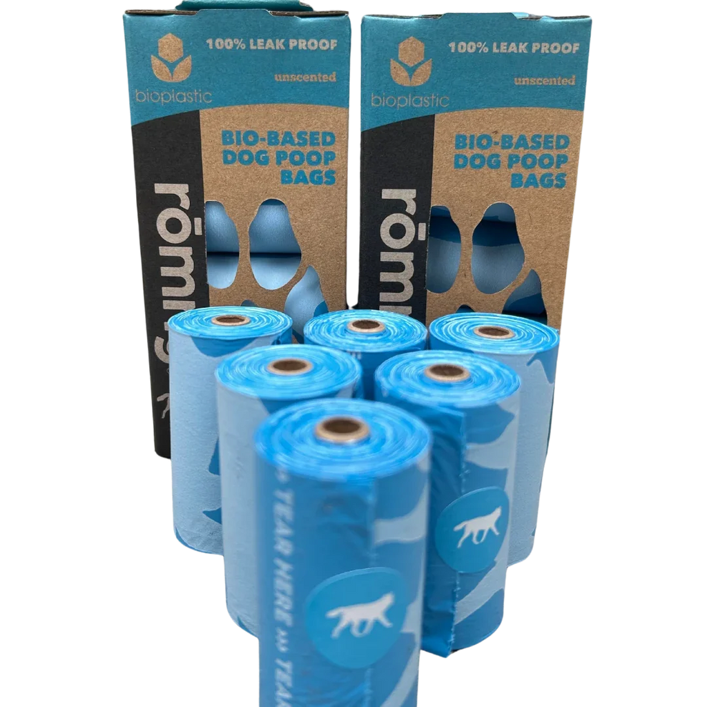360-count pack of rōmng bio-based dog poop bags on 24 rolls of 15