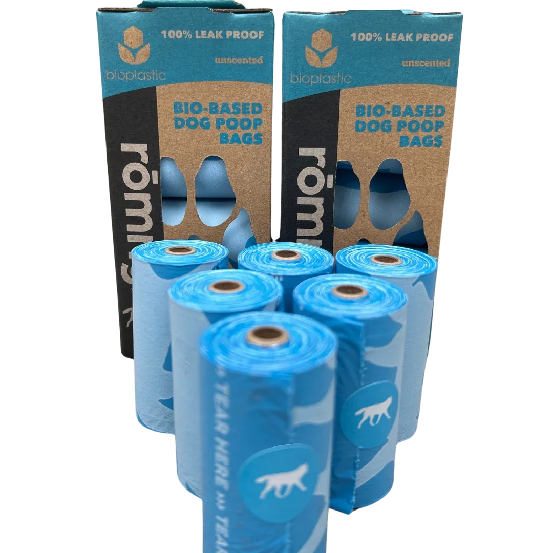 360-count pack of rōmng bio-based dog poop bags on 24 rolls of 15