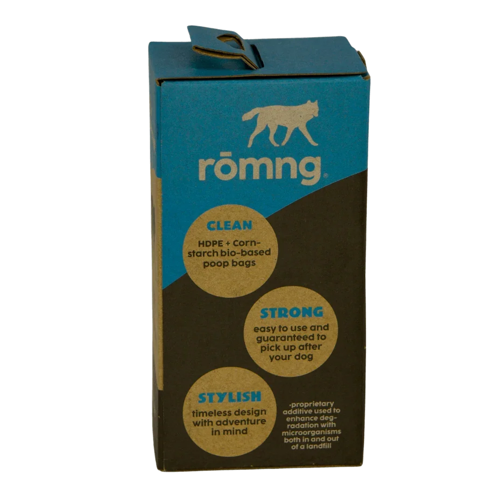 rōmng bio-based poop bag rolls with recycled paper cores for standard leash dispensers