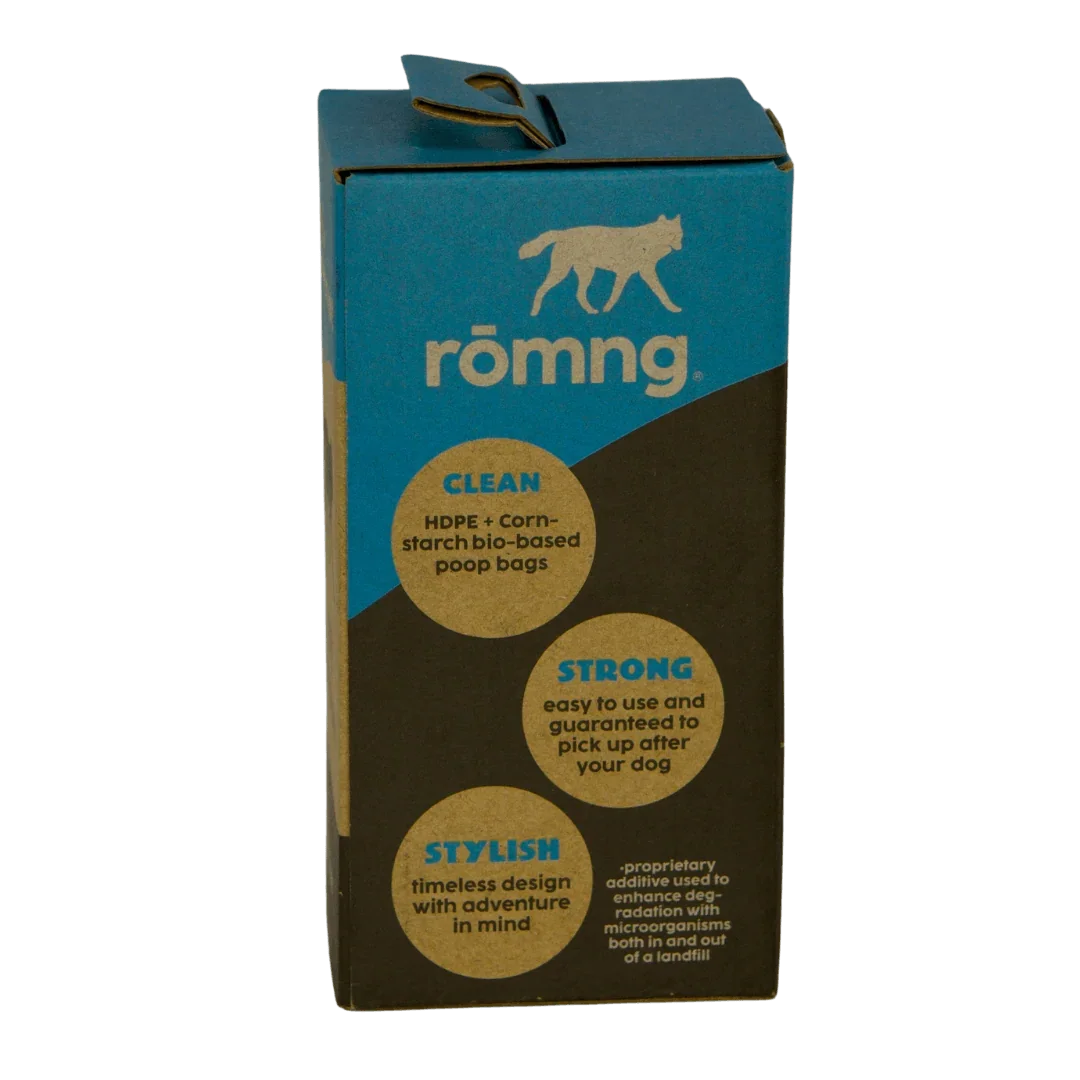 rōmng bio-based poop bag rolls with recycled paper cores for standard leash dispensers