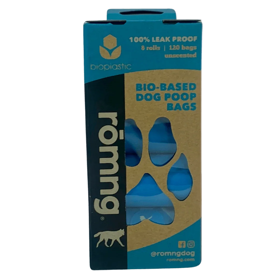120-bag pack of rōmng bio-based dog waste bags, 9 x 13 inches each