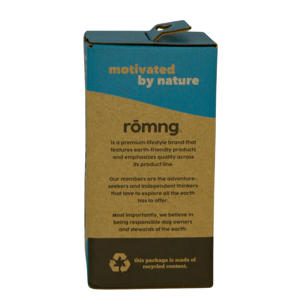 rōmng bio-based dog poop bags made of HDPE plastic blended with 30% cornstarch