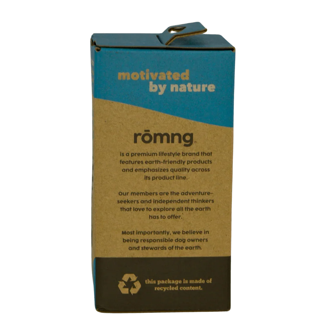 rōmng bio-based dog poop bags made of HDPE plastic blended with 30% cornstarch