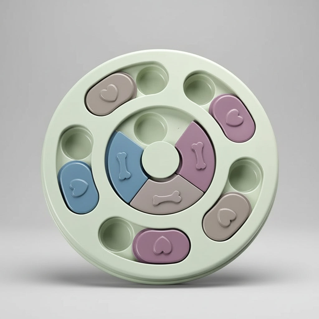 Round plastic puzzle feeder that helps slow down pets who eat too fast