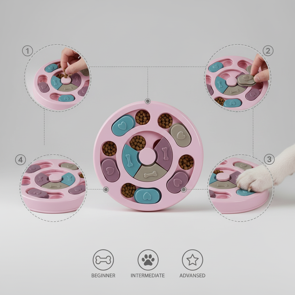 Treat-dispensing puzzle toy for dogs and cats with a round shape and stable base