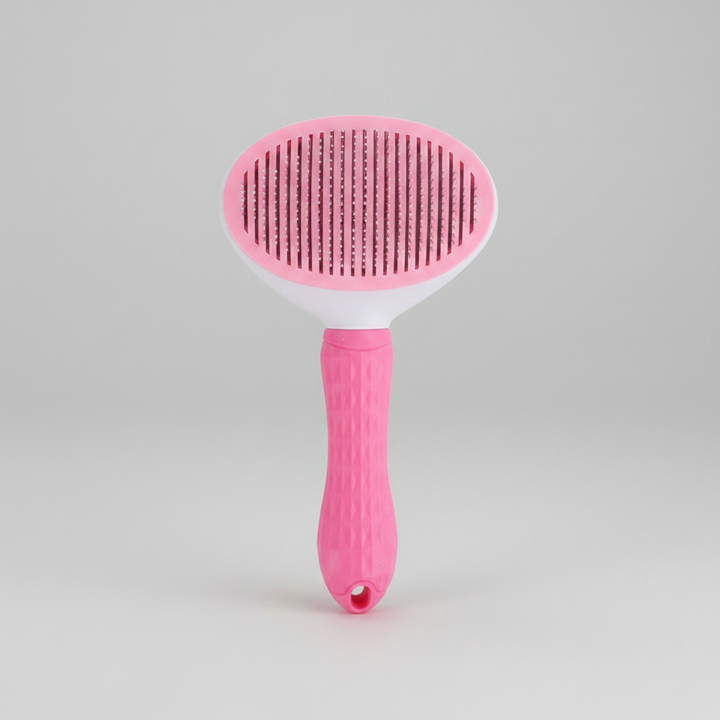 Pink self-cleaning slicker brush, TPR Fine Needle style, with a one-button pin release