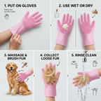 Silicone bath glove for pets that rolls collected fur off its surface before rinsing