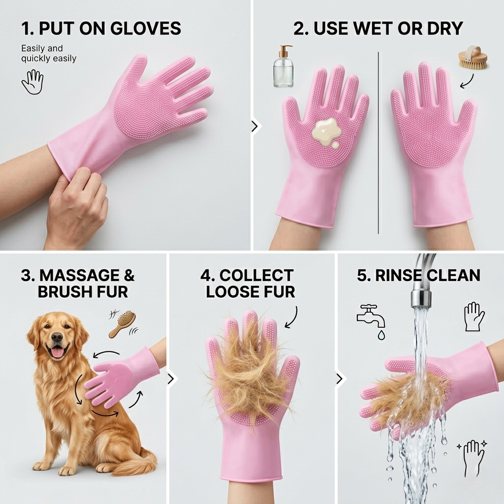 Silicone bath glove for pets that rolls collected fur off its surface before rinsing