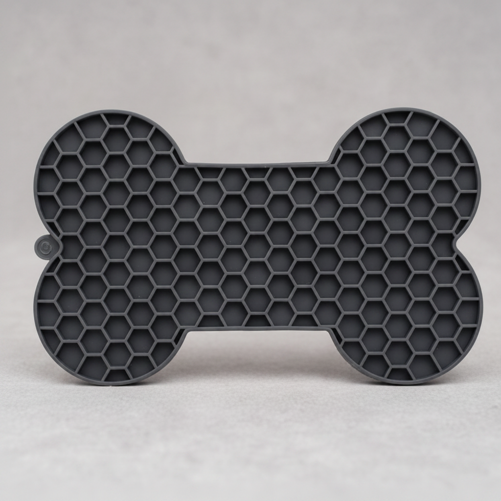 Black silicone lick mat, a BPA-free slow feeder for wet food, yogurt or peanut butter
