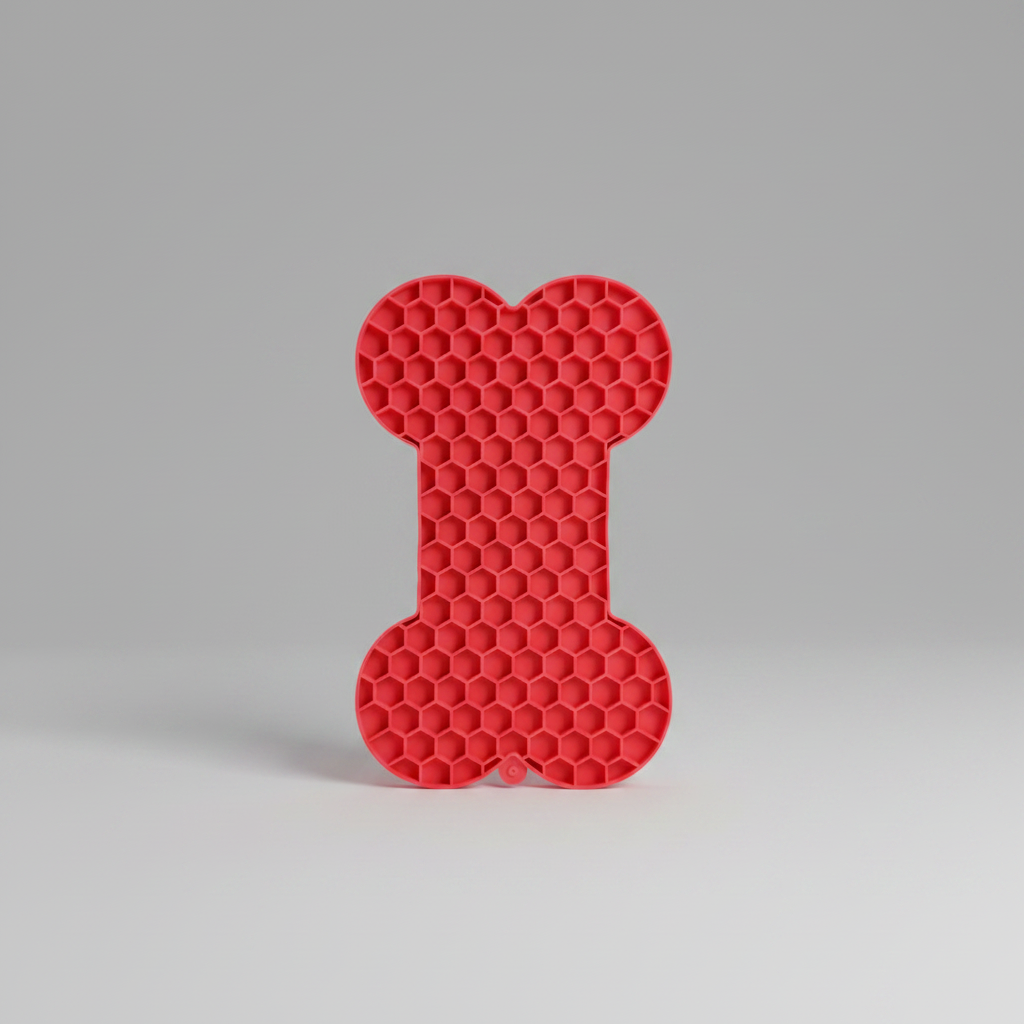 Red silicone lick mat with a raised bone pattern that holds soft food in its grooves