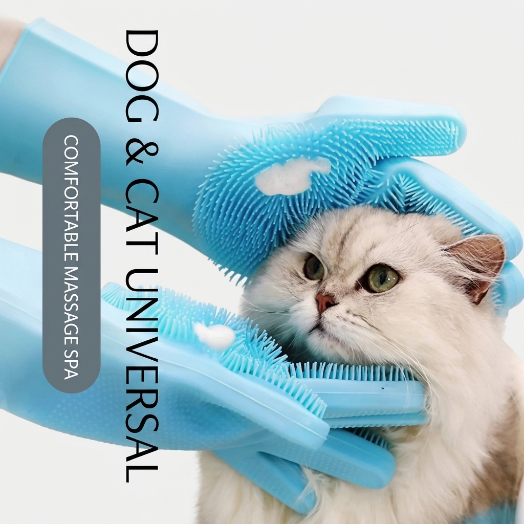 Silicone deshedding glove used dry between baths to lift loose fur from the coat