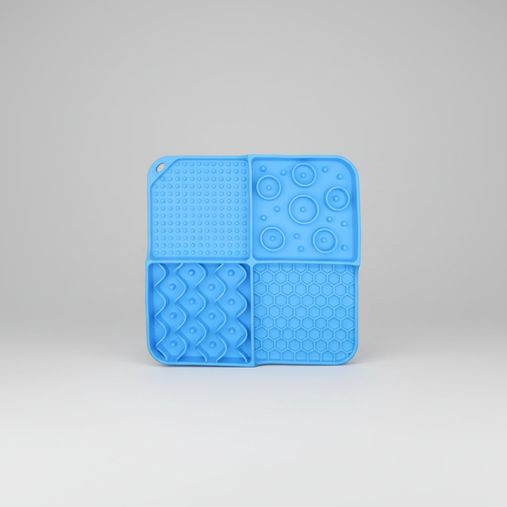 Sky Blue food-grade silicone lick mat that sticks to tile or glass during grooming