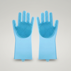 Blue silicone pet bath glove that works shampoo into the coat and lifts loose fur