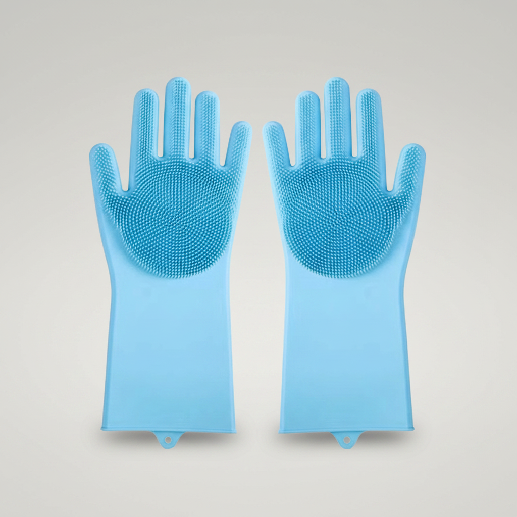 Blue silicone pet bath glove that works shampoo into the coat and lifts loose fur