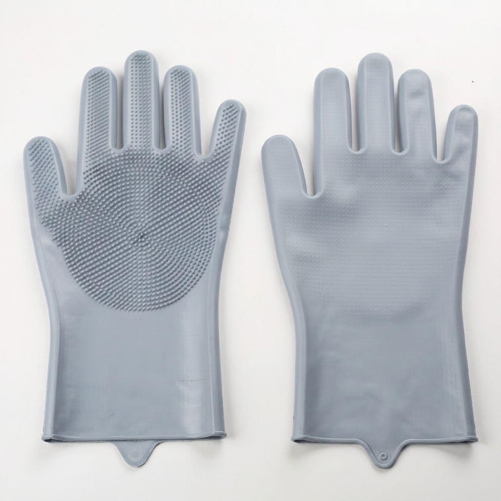 Grey silicone grooming glove for dogs and cats, one size with an adjustable wrist strap