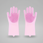 Pink silicone pet grooming glove with soft nubs on the palm and fingers