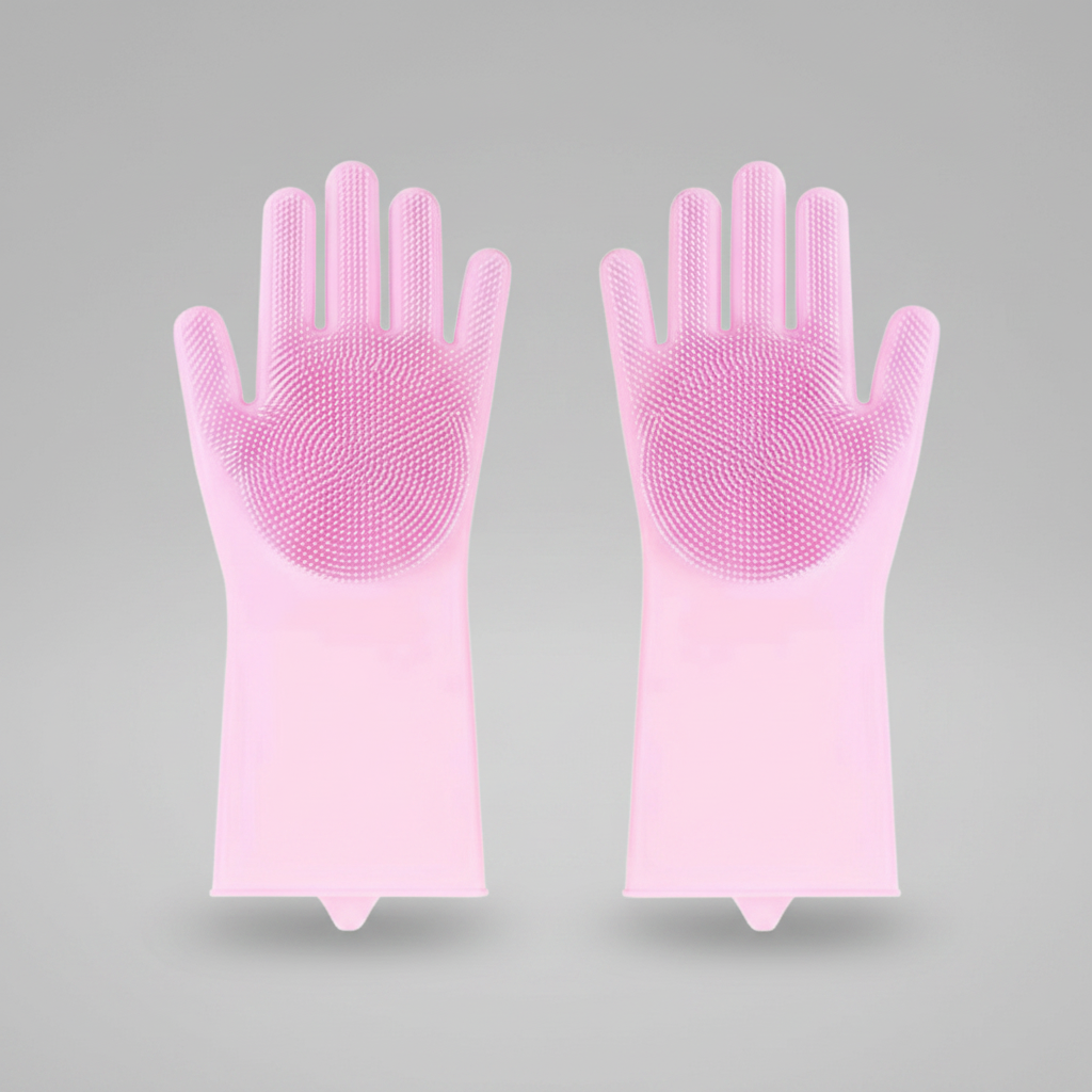 Pink silicone pet grooming glove with soft nubs on the palm and fingers