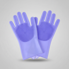 Purple silicone pet grooming glove for baths and dry brushing of dogs and cats