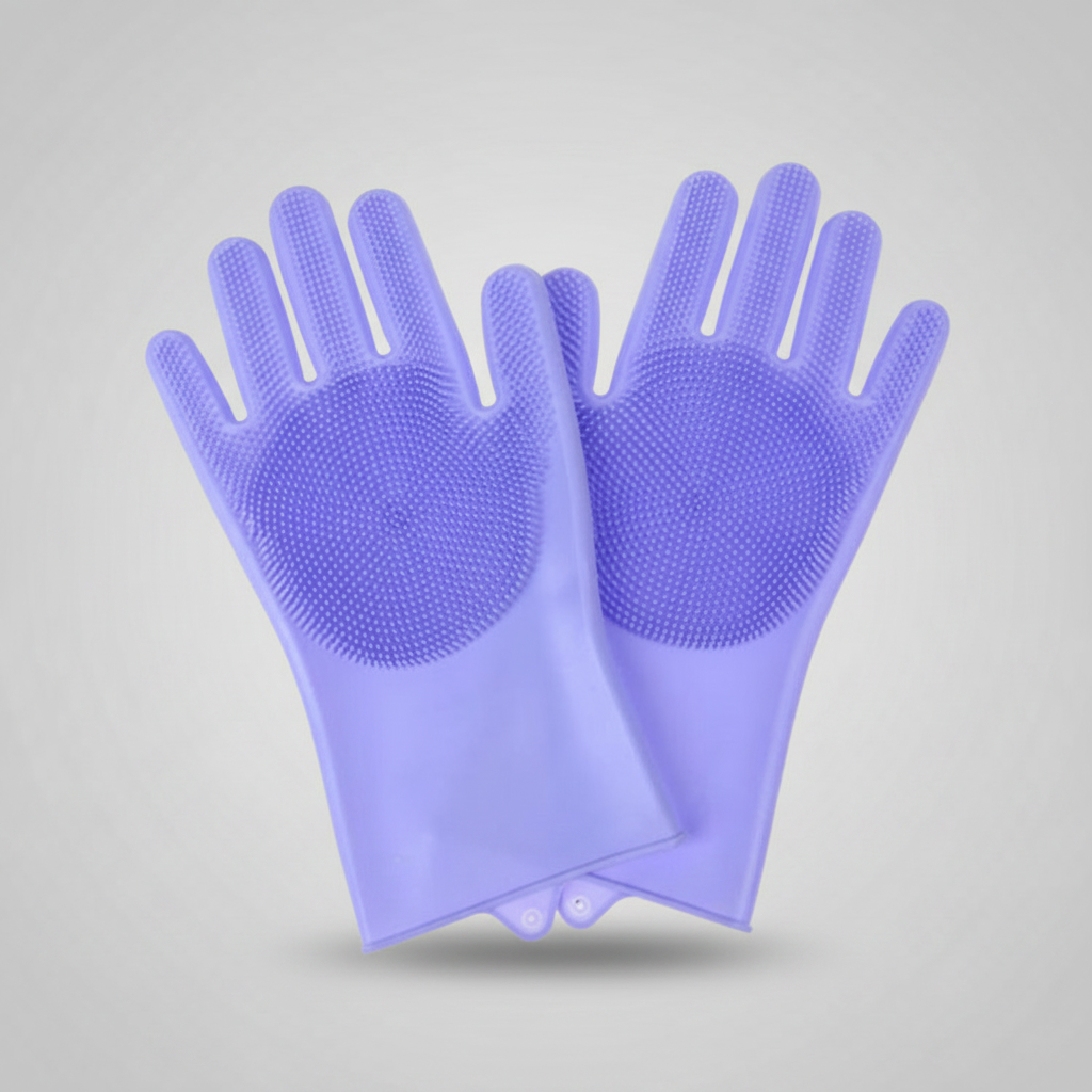 Purple silicone pet grooming glove for baths and dry brushing of dogs and cats