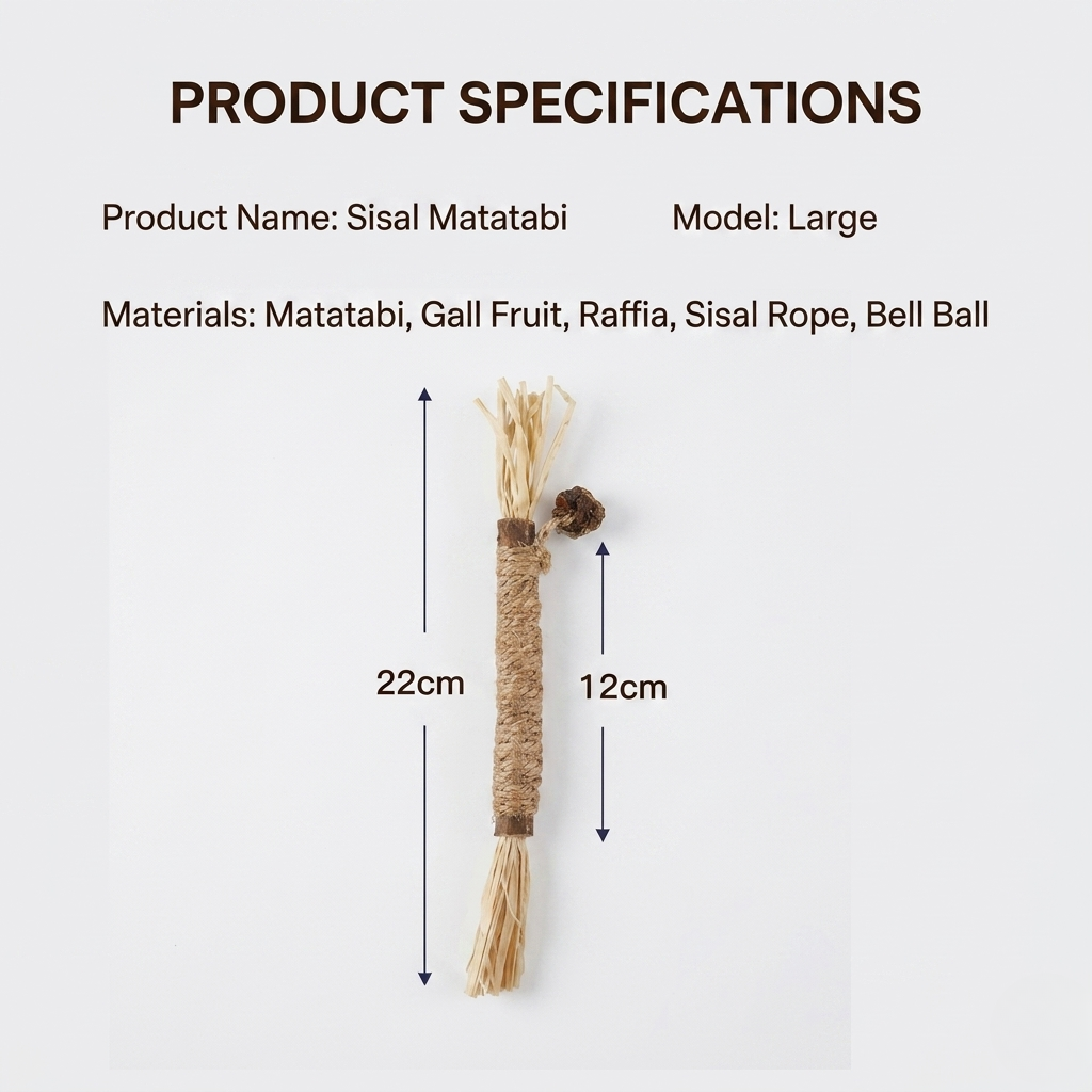 Silver vine (matatabi) wood chew stick for cats with a gall fruit knot and hemp rope wrap