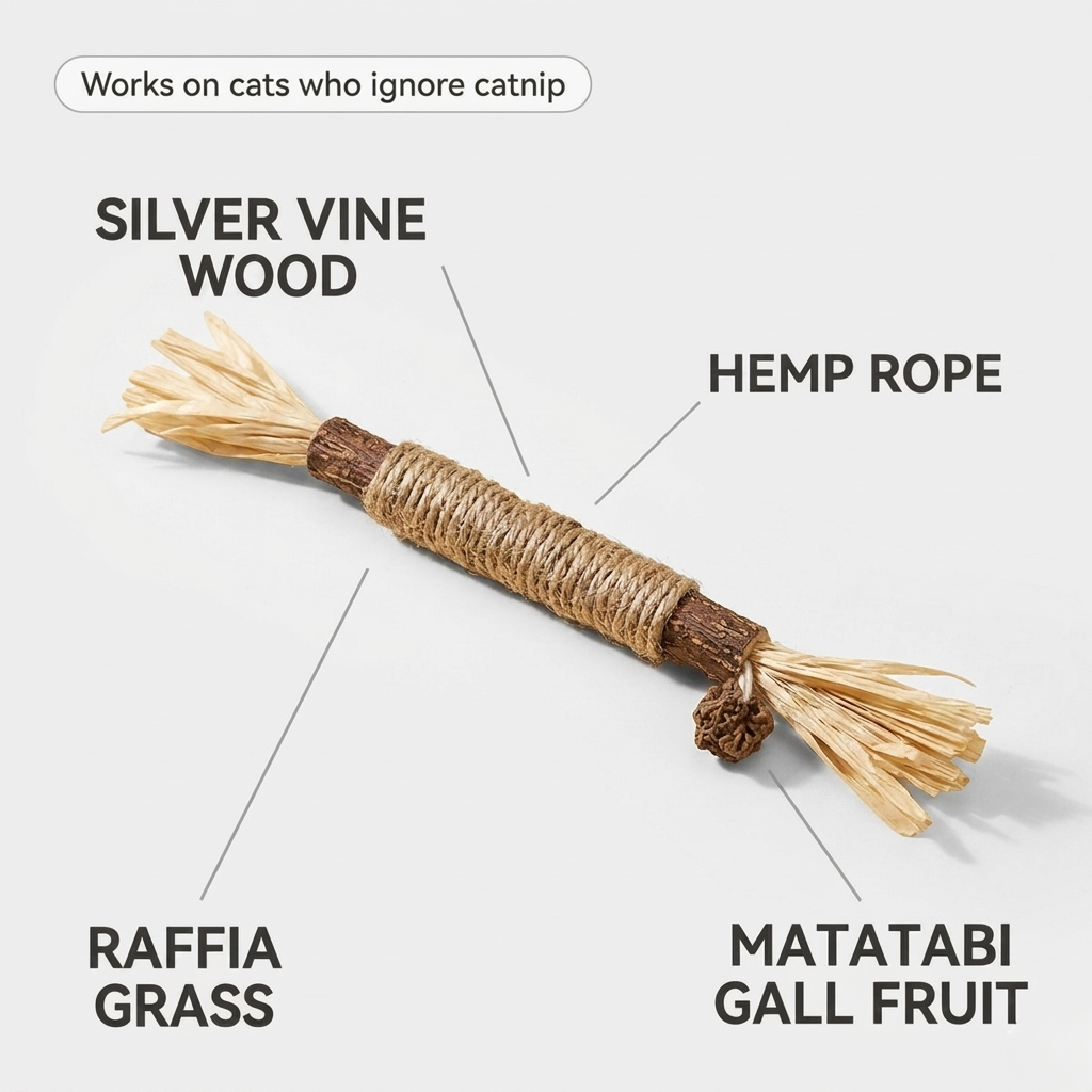 Natural silver vine cat chew stick with soft raffia grass tassels for batting play
