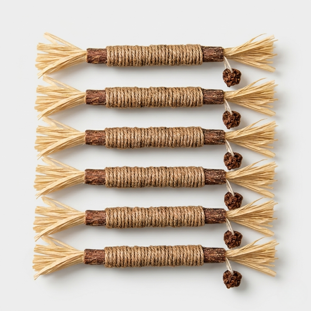 Six-pack of silver vine cat chew sticks with hemp rope and raffia grass tassels