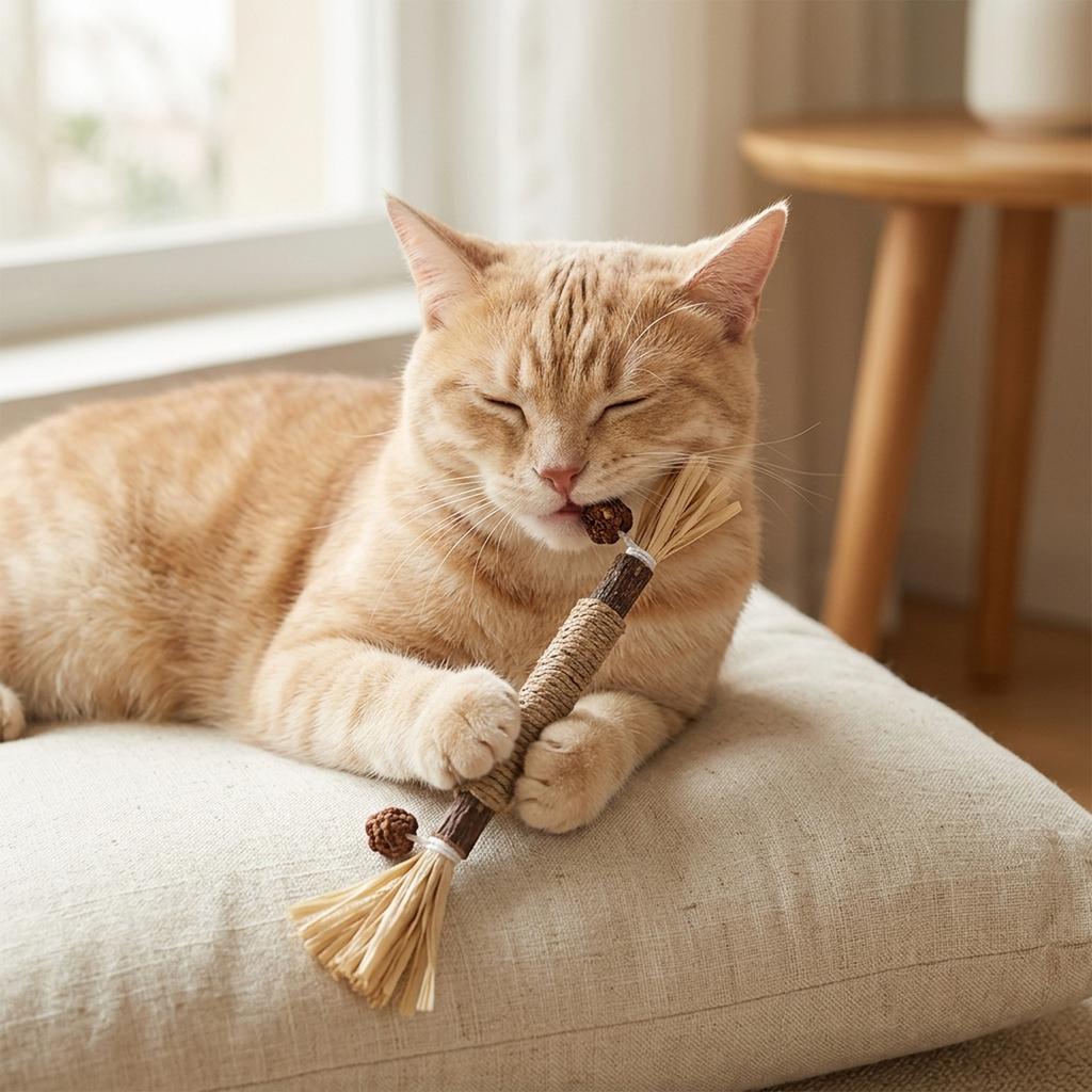 Lifestyle photo of silver vine cat chew sticks wrapped in hemp rope with raffia grass tassels