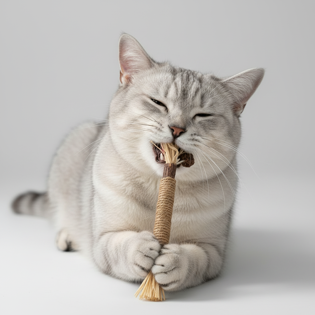 Silver vine cat chew stick with a raffia tassel end, for cats 3 months and older