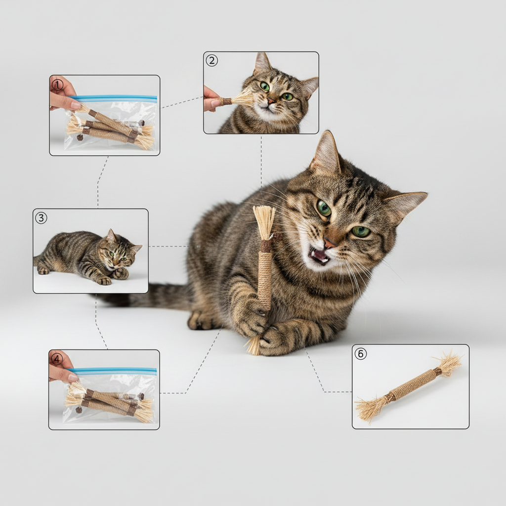 Silver vine chew sticks for cats, kept in a sealed bag between play sessions