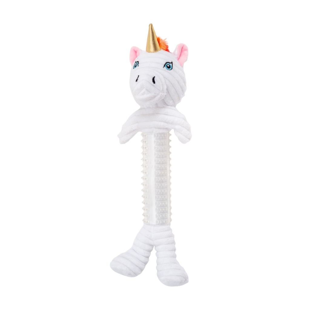 Skinny unicorn plush dog toy by Country Living with raised rubber accents for extra texture