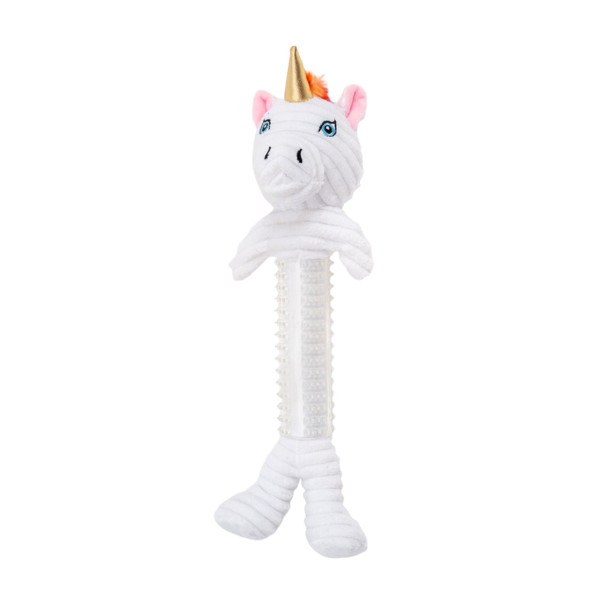 Skinny unicorn plush dog toy by Country Living with raised rubber accents for extra texture