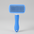Blue fine needle slicker brush with a square head and a textured silicone handle